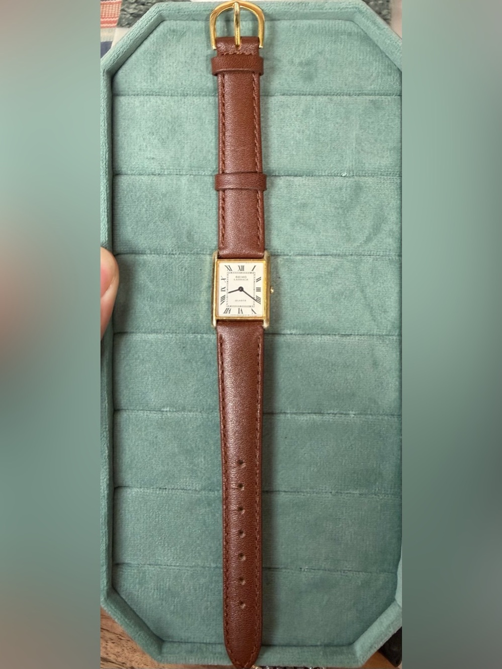 Vintage Seiko Gold-Tone Rectangular Watch with Brown Leather Strap- Working
